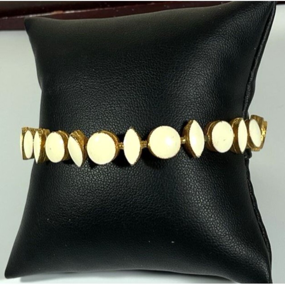 Vintage Unique Bracelet Rare Gold Tone Open Cuff w/ White Enamel Oval Accents